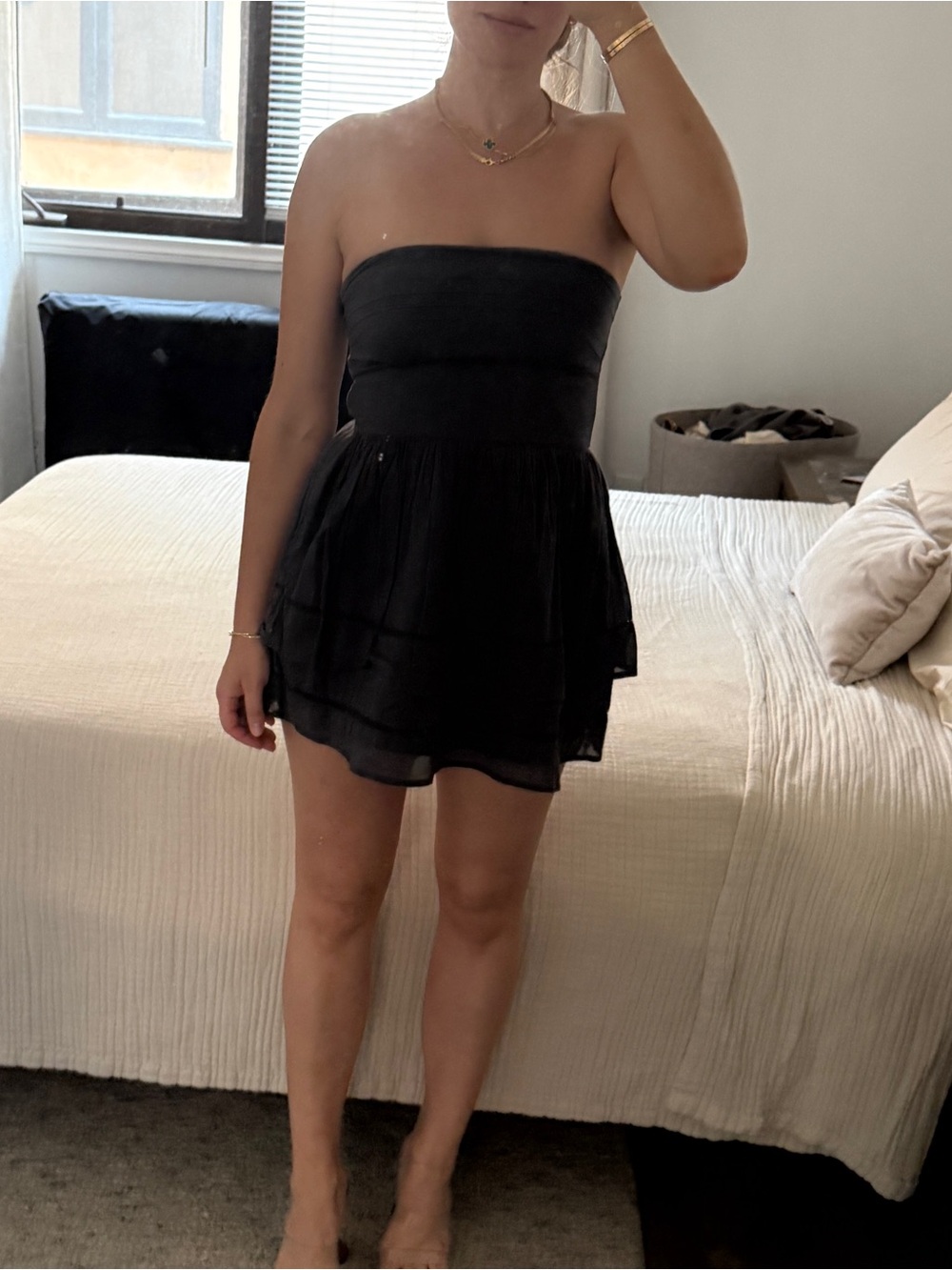 Strapless Cotton Charcoal Mini Dress with Ruffles